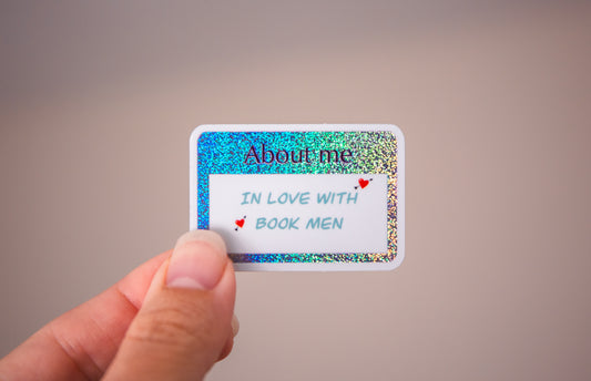 "In love with book men" name tag