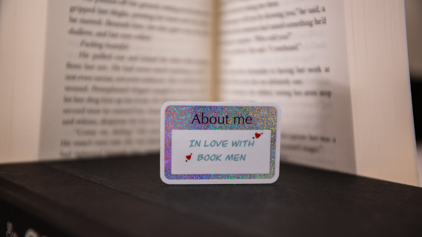 "In love with book men" name tag